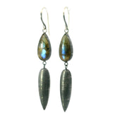 Labradorite Dangle Earrings - Blue & Yellow Flash Labradorite Teardrop Bezel Set Set Above Dangling Torpedo in Oxidized 925 Sterling Silver