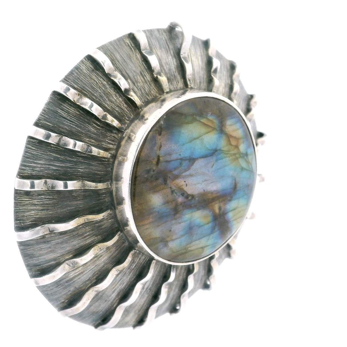 Labradorite Round Cabochon Pendant Bezel Set in Oxidized 925 Sterling Silver - Rays of Light Design