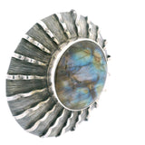 Labradorite Round Cabochon Pendant Bezel Set in Oxidized 925 Sterling Silver - Rays of Light Design