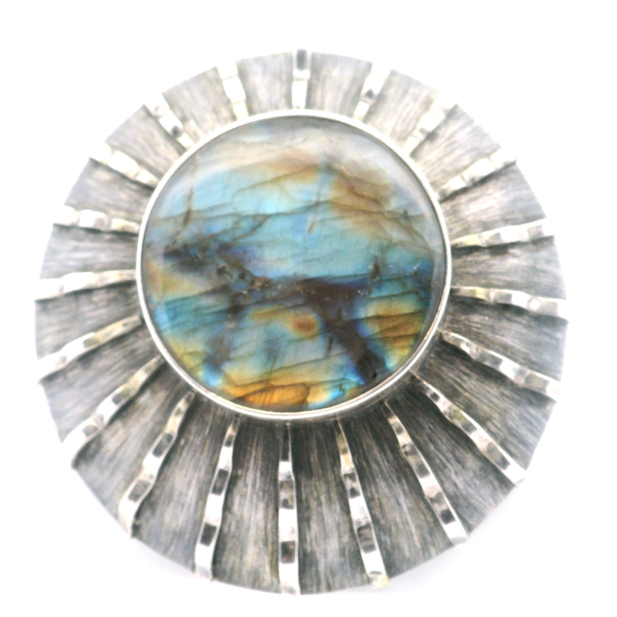 Labradorite Round Cabochon Pendant Bezel Set in Oxidized 925 Sterling Silver - Rays of Light Design