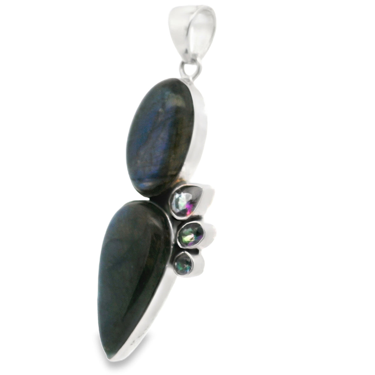 Pendentif en labradorite - Poire inversée et cabochon ovale avec 3 topazes mystiques facettées serties d'argent sterling 925