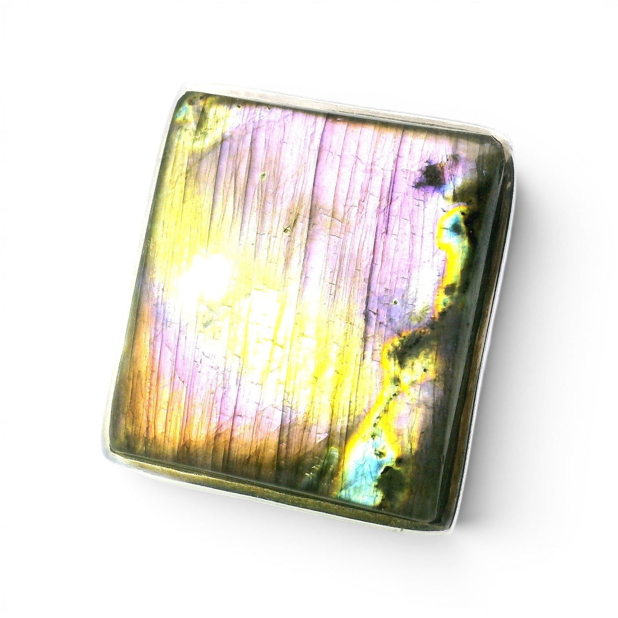Bague Labradorite - Cabochon Carré Classique Sertie dans une Lunette et un Bandeau en Argent Sterling 925 - Reflets Verticaux Violets et Dorés Rares taille10-Réglable