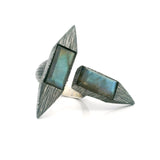 Labradorite Ring - 2 Faceted Cabochons with Aqua & Yellow Flash Bezel Set at Right Angles in Arrow Setting on Open Band in Oxidized 925 Sterling Silver 925 Sterling Silver Size 8.5