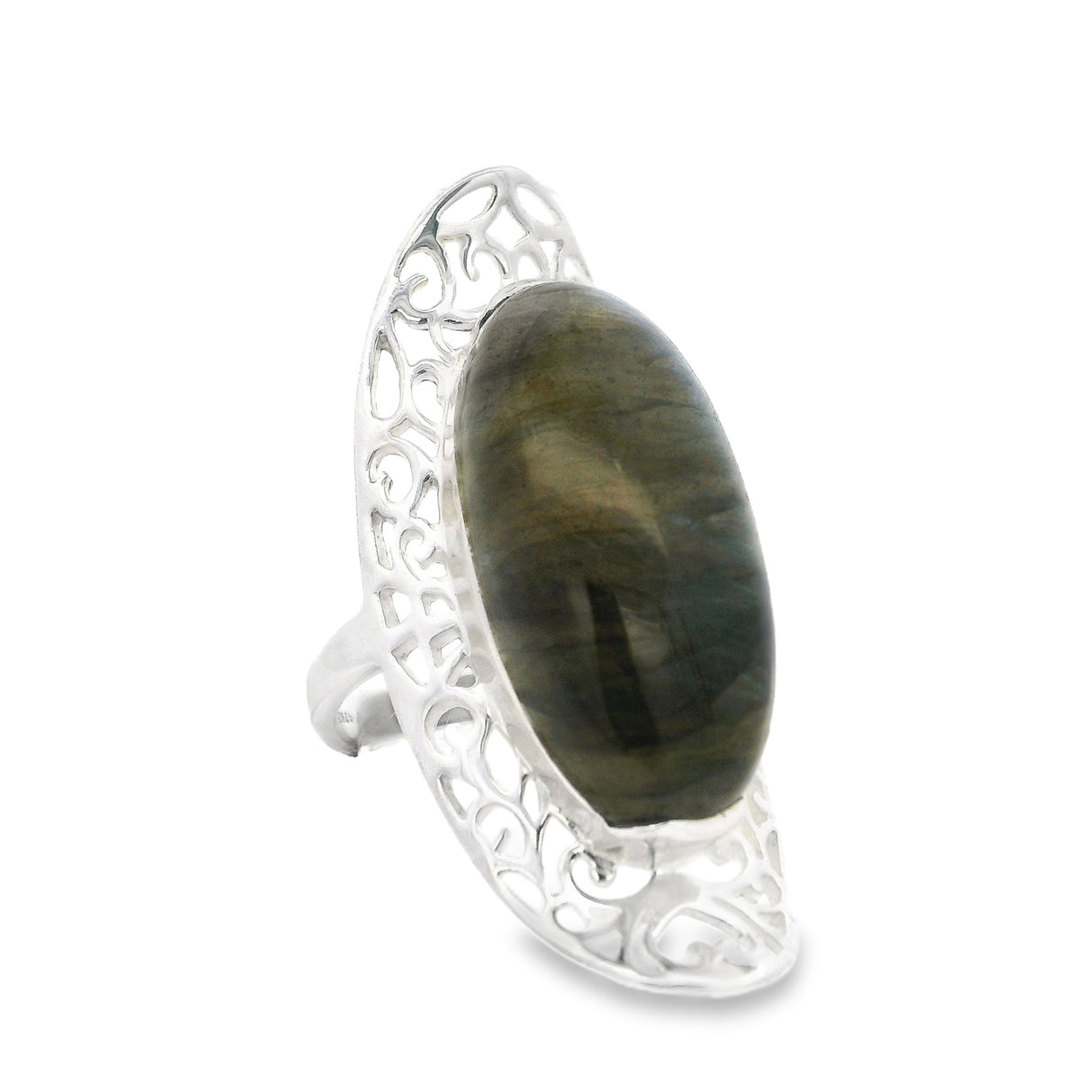 Bague Labradorite - Ovale allongé avec monture évasée T10