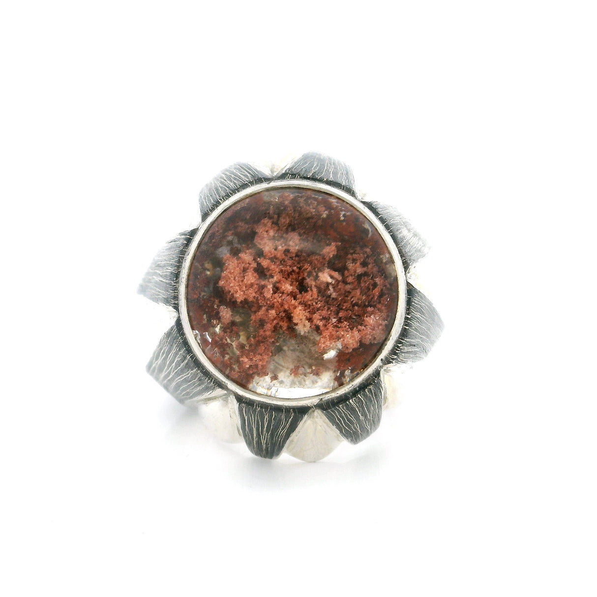 Lodolite Round Cabochon Bezel Set in Oxidized 925 Sterling Silver Rainbow Design Band with Point