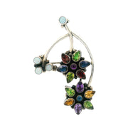 Sterling silver two-flower brooch set with peridot, garnet, amethyst, opal and citrine, front view