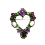 Broche Cœur Multi-Pierres Précieuses Avec Centre Cœur Corde Argenté Ouvert et Perles Argentées