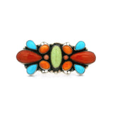 Multi Gemstone Brooch - Gaspeite & Sleeping Beauty Turquoise & Coral With Spiny Oyster Cabochons With Sharp Scalloped Bezels & Simple Silver Beading