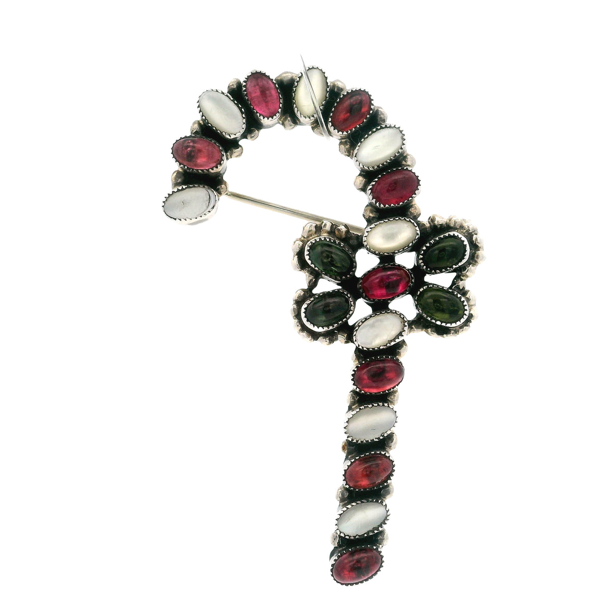Broche Canne à Sucre avec Nœud - Nacre avec Tourmaline Rose & Verte et Bordure Perlée en Argent