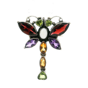 Multi gemstone dragonfly brooch pendant with fire opal body, peridot eyes and garnet and amethyst wings