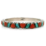 Turquoise and coral bangle bracelet with red coral hearts and turquoise ovals in silver bezels