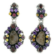 Ornate silver drop earrings with freeform druzy centers, amethyst pears, garnet and yellow sapphire accents