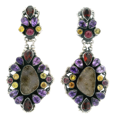 Ornate silver drop earrings with freeform druzy centers, amethyst pears, garnet and yellow sapphire accents