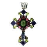Multi Gemstone Cross Pendant With Simple Silver Beading & Scalloped Bezels With Stamped Bail