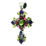 Multi Gemstone Cross Pendant With Simple Silver Beading & Scalloped Bezels With Stamped Bail