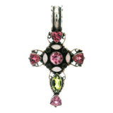 Pendentif croix multi-gemmes avec perles et bélière en argent oxydé à bords arrondis