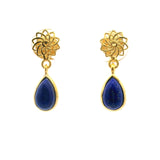 Lapis Lazuli Pear Dangle Earrings with Ornate Flower with Gold Overlay Bezel Set over 925 Sterling Silver