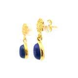 Lapis Lazuli Pear Dangle Earrings with Ornate Flower with Gold Overlay Bezel Set over 925 Sterling Silver