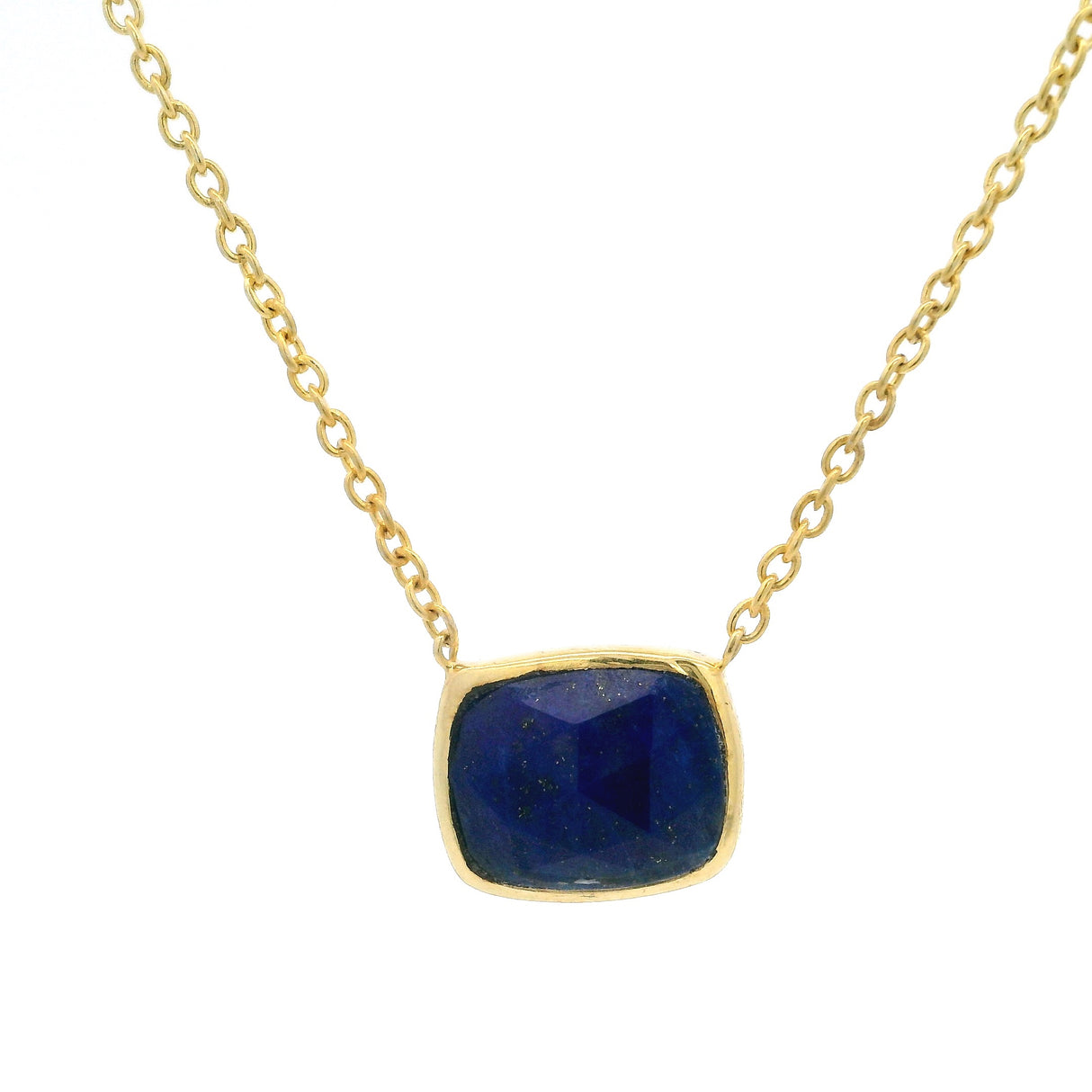 Faceted Lapis Lazuli Rectangle Necklace with Gold Overlay Bezel Set over 925 Sterling Silver