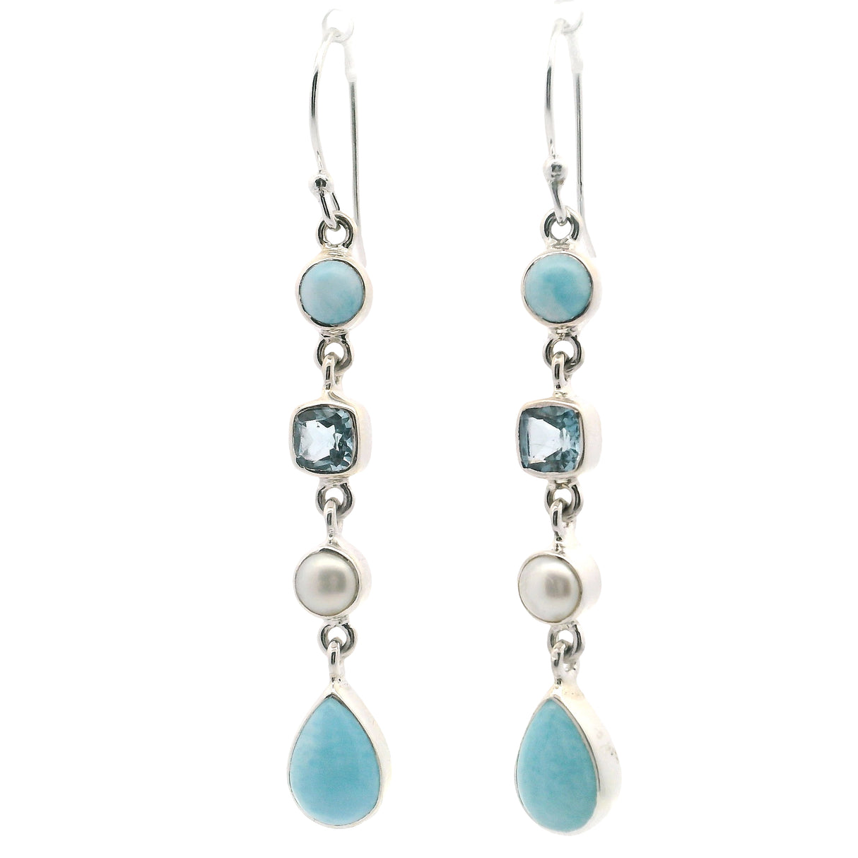 Larimar Pear & Round Dangle Earrings with Freshwater Pearls and Faceted Square Blue Topaz