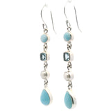 Larimar Pear & Round Dangle Earrings with Freshwater Pearls and Faceted Square Blue Topaz