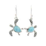Larimar Cabochon Turtle Dangle Earrings with Teardrop Gem Shell