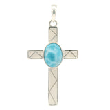 Larimar Cross Pendant - Oval Cabochon in Center on 925 Sterling Silver Cross with Channeling Over White