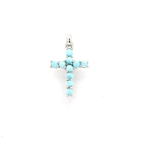 Silver cross pendant of ten pale blue larimar round cabochons, prong set, front view