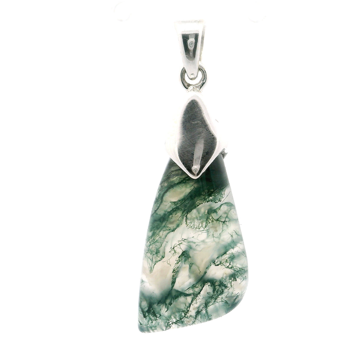 Moss Agate Freeform Pendant in Lantern Setting of 925 Sterling Silver