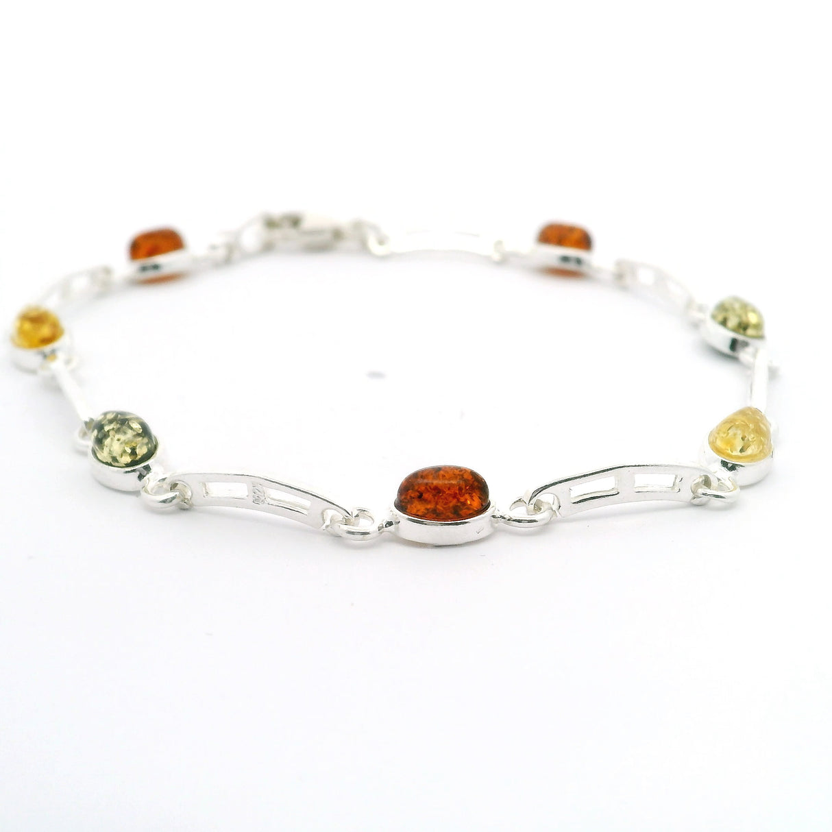 Classic Trio Amber Link Bracelet with Bridge-Design Links Bezel Set in 925 Sterling Silver