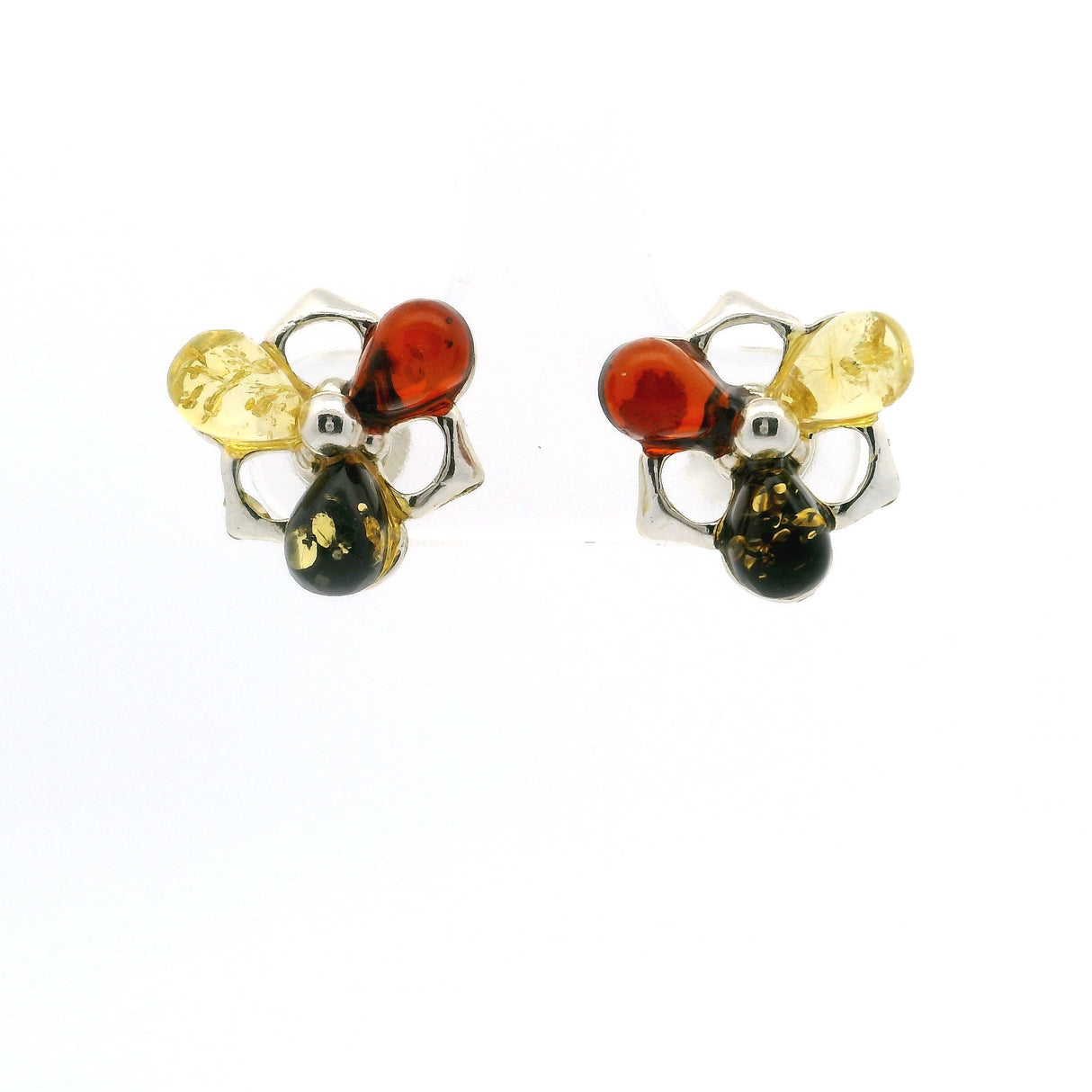 Classic Trio Three-Pear Amber Stud Earrings in 925 Sterling Silver