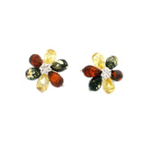 Multicolor Amber Flower Stud Earrings - Cherry /Green/ Honey Prong Set in 925 Sterling Silver