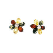 Multicolor amber flower stud earrings with cherry, green and honey teardrop petals around a silver star center