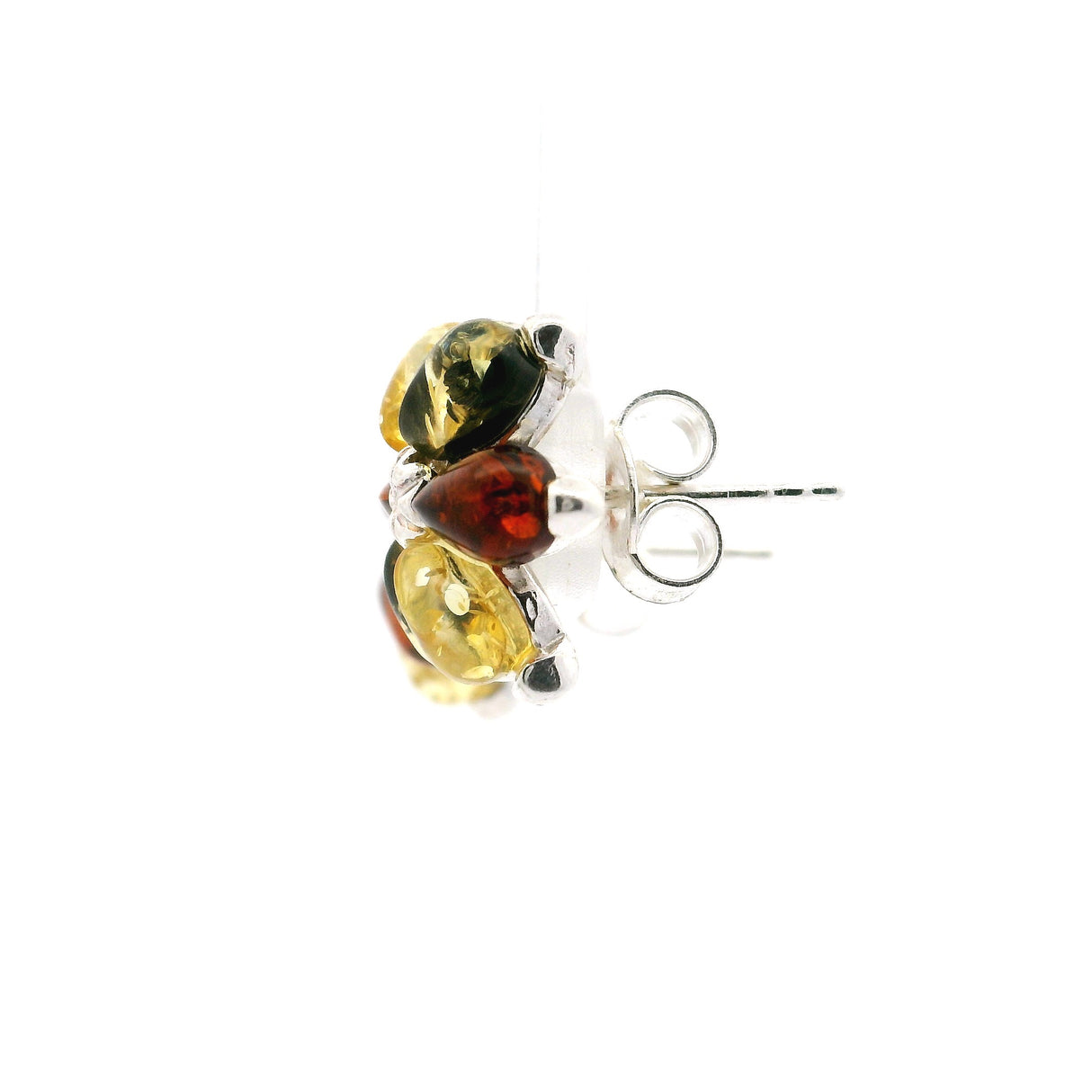 Multicolor Amber Flower Stud Earrings - Cherry /Green/ Honey Prong Set in 925 Sterling Silver