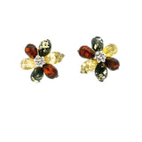 Multicolor Amber Flower Stud Earrings - Cherry /Green/ Honey Prong Set in 925 Sterling Silver