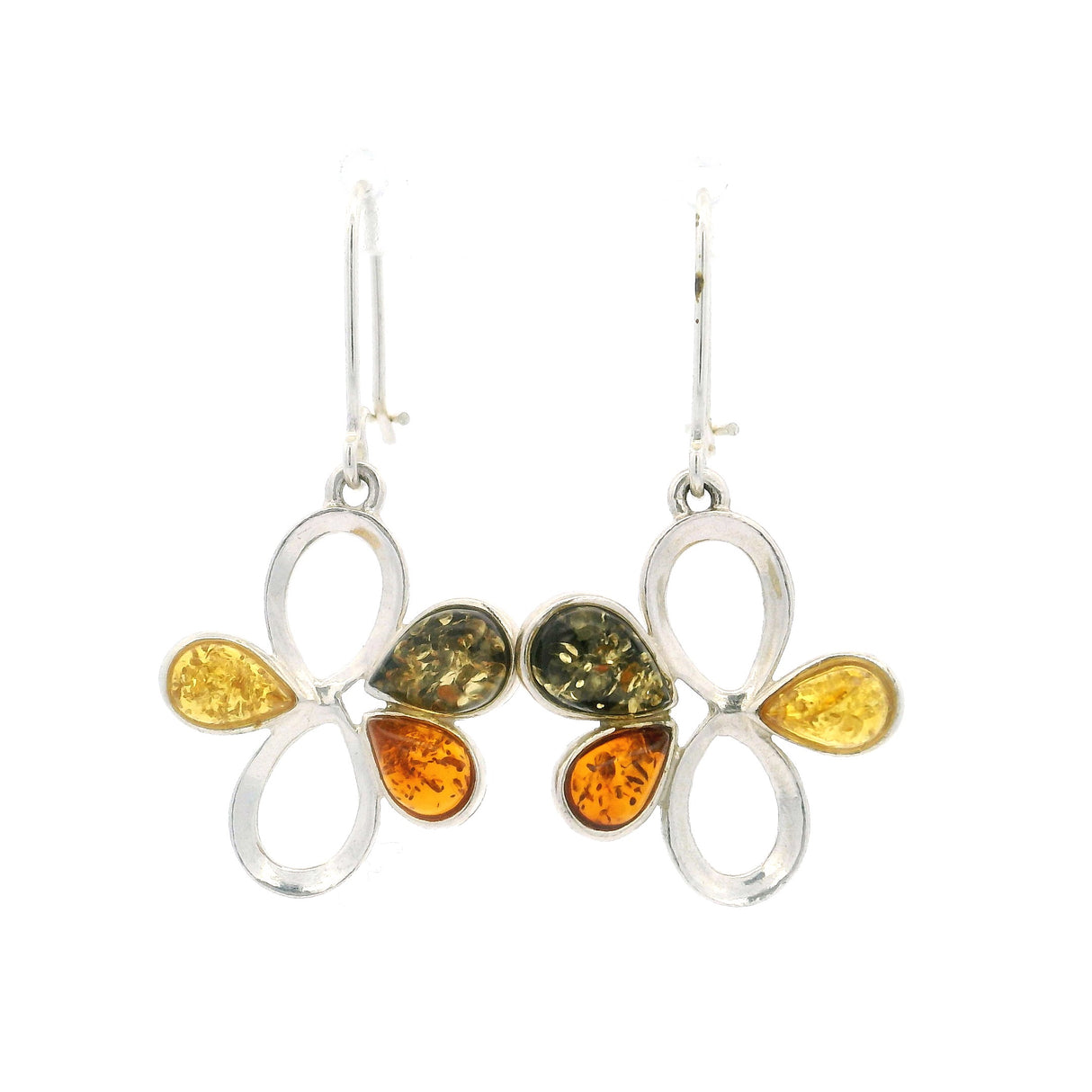 Classic Trio Amber Flower Stud Earrings - Cognac/ Green/ Honey in 925 Sterling Silver
