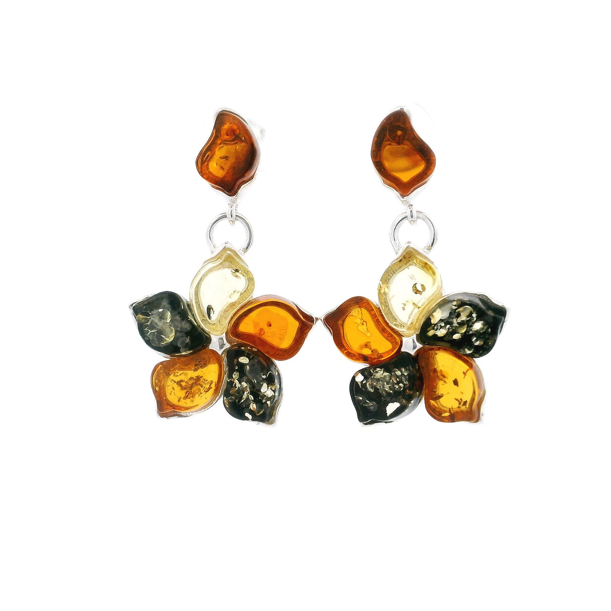 Classic Trio Amber Post-Dangle Earrings  - Cherry Blossom Flower in 925 Sterling Silver