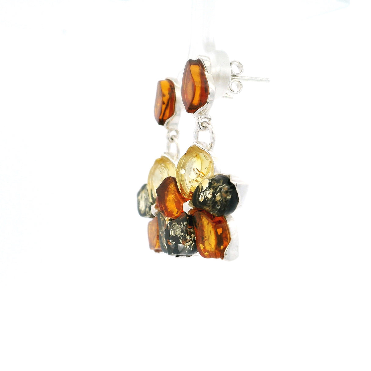Classic Trio Amber Post-Dangle Earrings  - Cherry Blossom Flower in 925 Sterling Silver