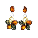 Classic Trio Amber Post-Dangle Earrings  - Cherry Blossom Flower in 925 Sterling Silver