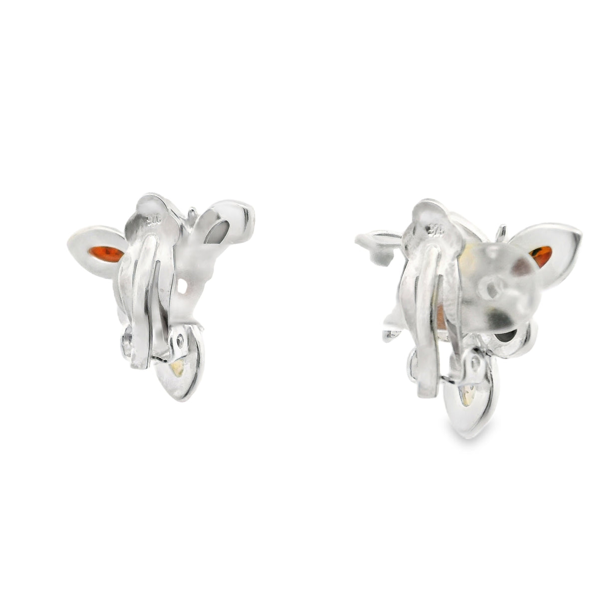 Classic Trio Amber Clip-On Earrings - Cherry/ Green/ Honey Bezel Set in 925 Sterling Silver