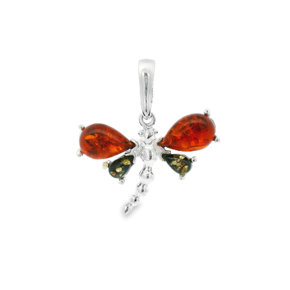 Cognac & Green Amber Dragonfly Pendant Bezel Set in 925 Sterling Silver