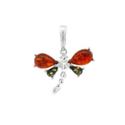 Cognac and green amber dragonfly pendant with teardrop wings in sterling silver
