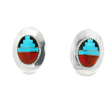 Multicolor Micro Inlay Stud Earrings - Oval With Tq Tower Design Inlay & Triangular Saw Tooth Bezel