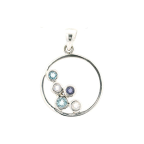 Silver pendant with circular design featuring multiple gemstones on a white background