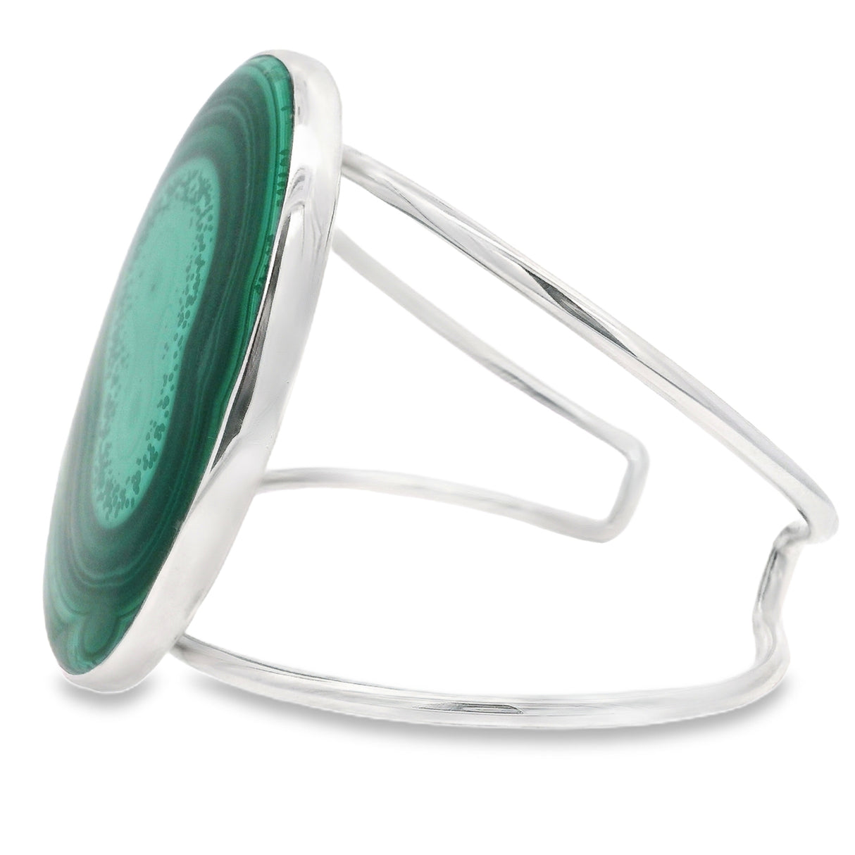 Malachite Cabochon Classic Large Double Row Open Back Silver Cuff - Simple Bezel Set - Oval