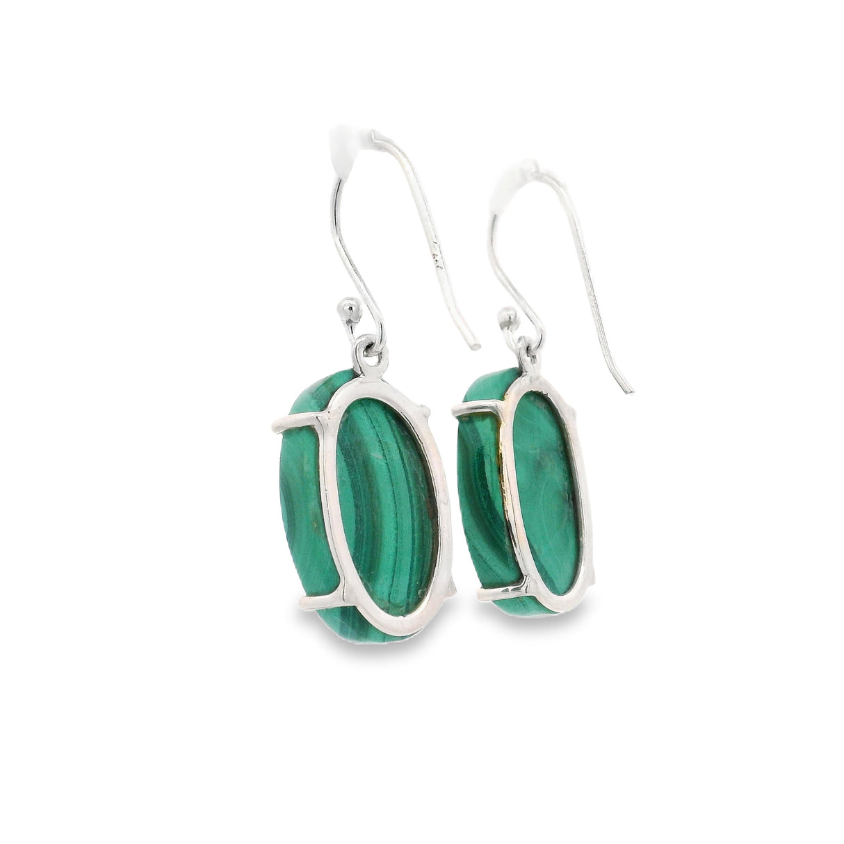 Malachite Oval Dangle Flat Earrings Prong Set