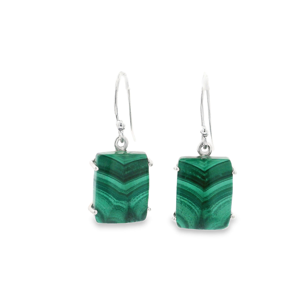 Malachite Rectangle Flat Dangle Earrings Prong Set
