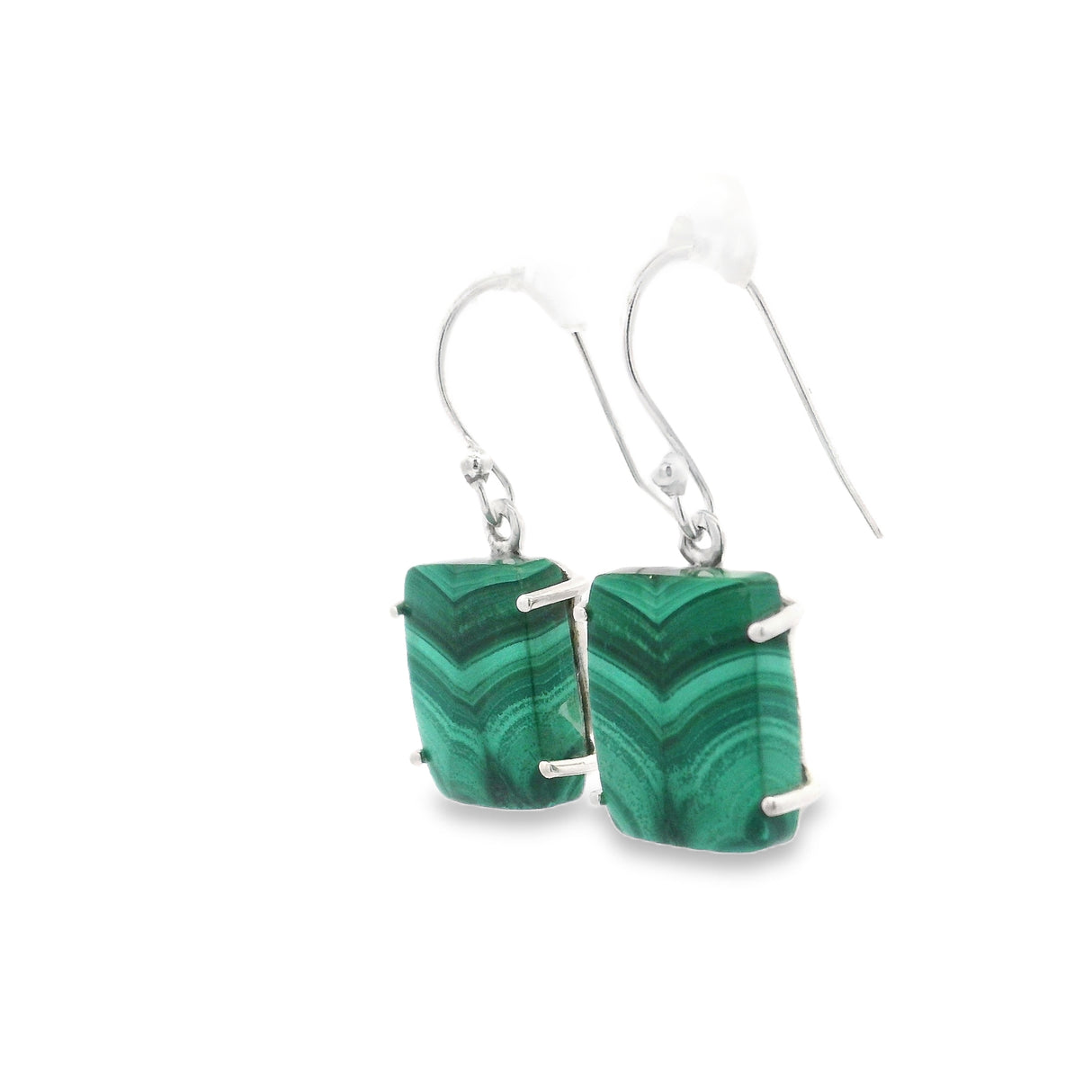 Malachite Rectangle Flat Dangle Earrings Prong Set