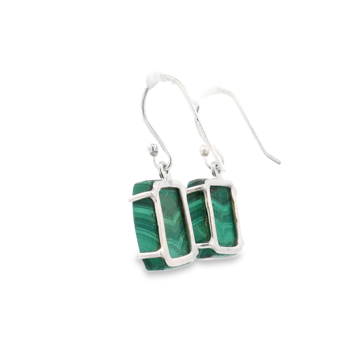 Malachite Rectangle Flat Dangle Earrings Prong Set