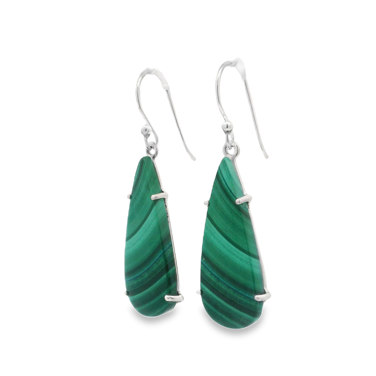Malachite Teardrop Flat Dangle Earrings Prong Set